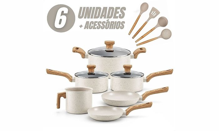 Jogo de Panelas 6 Peças Antiaderentes com Tampa de Vidro Temperada com 4 Utensílios de Cozinha