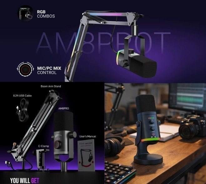 Fifine Am8 Pro com Qualidade de áudio melhor, faixa dinâmica de áudio aumentada para 24 bits + Suporte Braço Articulado com Rgb