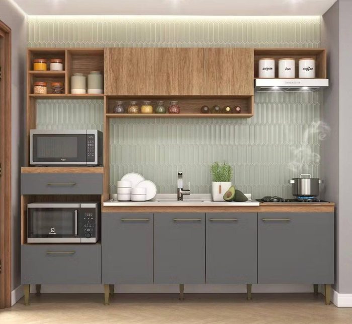 Cozinha Completa Modulada com Armário e Balcão 5 Peças 8 Portas 1 Gaveta 240cm CC120 Cor Mel/Grafite - Fellicci Móveis