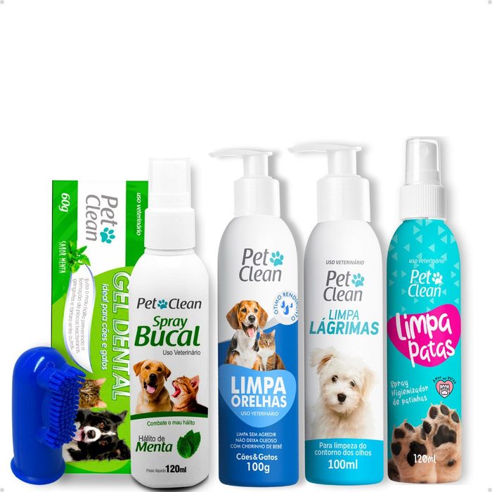 Kit Higiene Completo: Limpa Lágrimas Ouvidos Patas + Spray Menta + Gel Dental + Dedeira Pet Clean