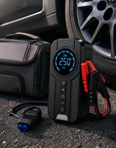 Auxiliar De Partida Bateria Carro Compressor De Ar Portátil 12V 4 funções em 1 Inflador Digital Calibrador Pneu Power Bank Lanterna LED Emer