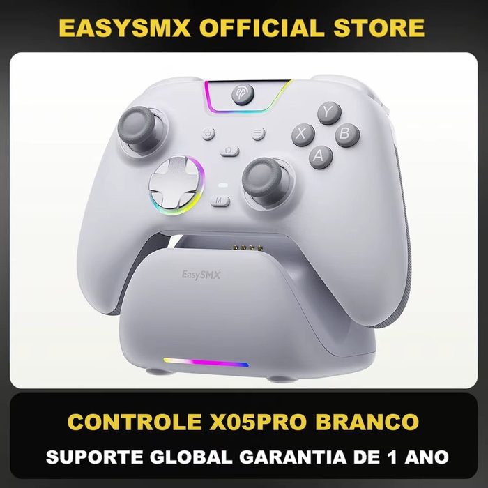 Controle Sem FIo EasySMX X05 Pro Rgb, Hall Effect, Botões Programáveis, Conexão Tri Mode, 1000hz & 1000mAh + Dock de carregamento