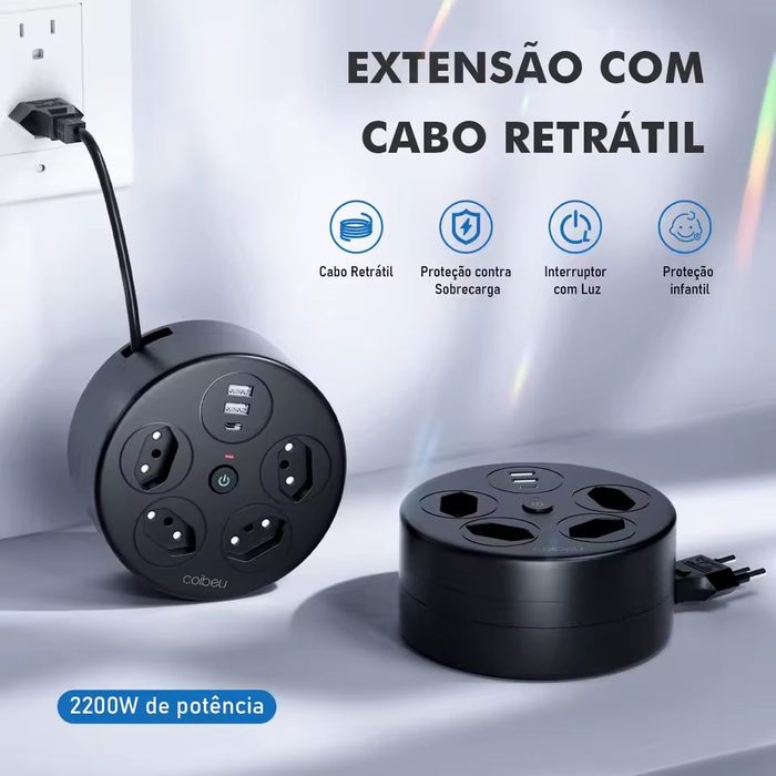 🔌 Extensão Elétrica Retrátil 1,8m — 4 Tomadas + USB-A + USB-C