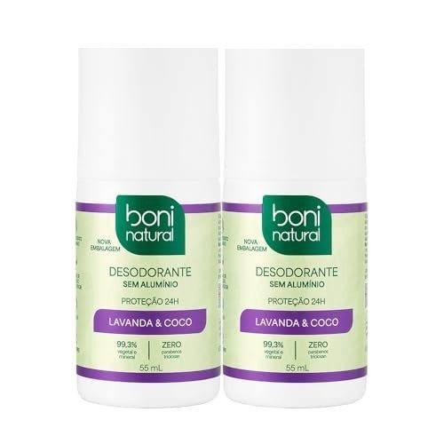 BONI NATURAL Desodorante Roll-On sem Alumínio, Natural, Vegetal e Vegano, Coco e Lavanda, 55ml, 2 unidades