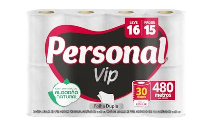 10x Personal Papel Higiênico Vip Folha Dupla, 16 Unidades 30M Branco Embalagem Pode Variar
