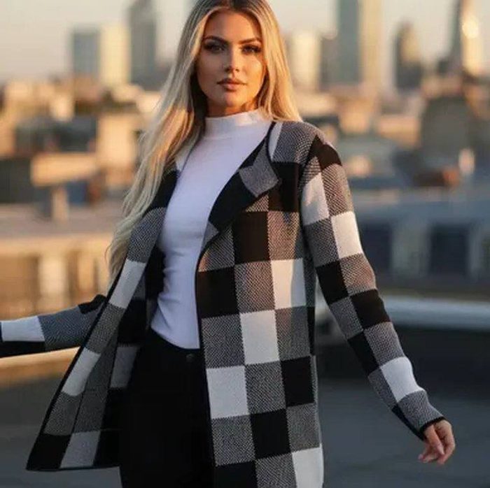 Casaco Xadrez Tricô Cardigan Inverno Manga Longa Feminino
