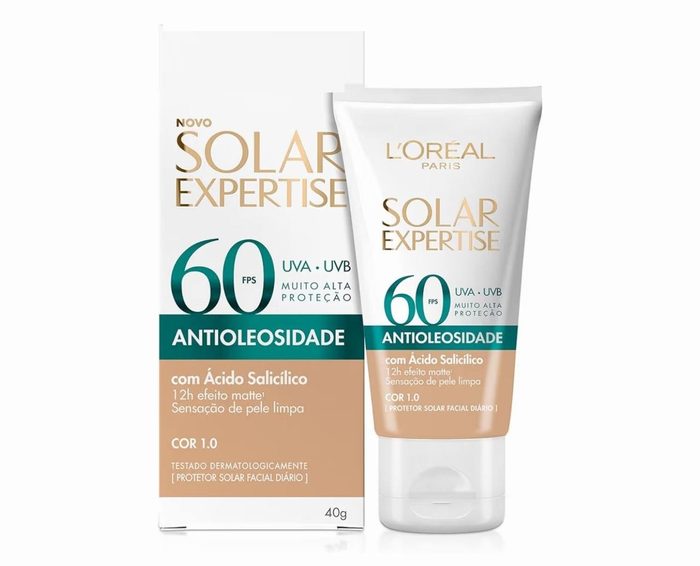 L'Oréal Paris Solar Expertise Antioleosidade, Protetor Solar Facial com FPS 60, 12h de Efeito Matte com Ácido Salicílico, Cor 1.0, 40g