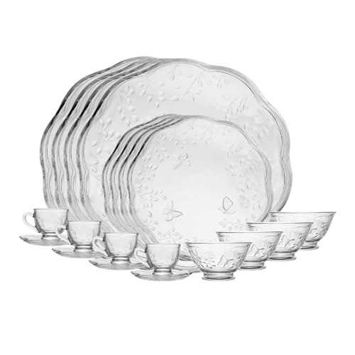 LYOR Jogo de Jantar 20 peças New Butterfly em Cristal Ecológico 4 Xícaras 135ml com Pires, 4 Bowl, 4 Pratos Raso e 4 Pratos para Sobremesa.