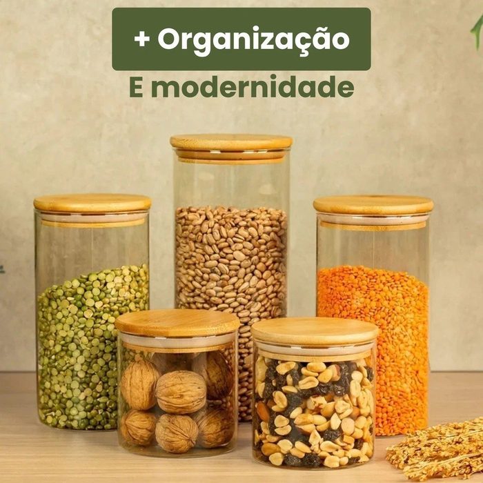05 Potes de Vidro Hermético Transparente Tampa Bambu Porta Alimentos