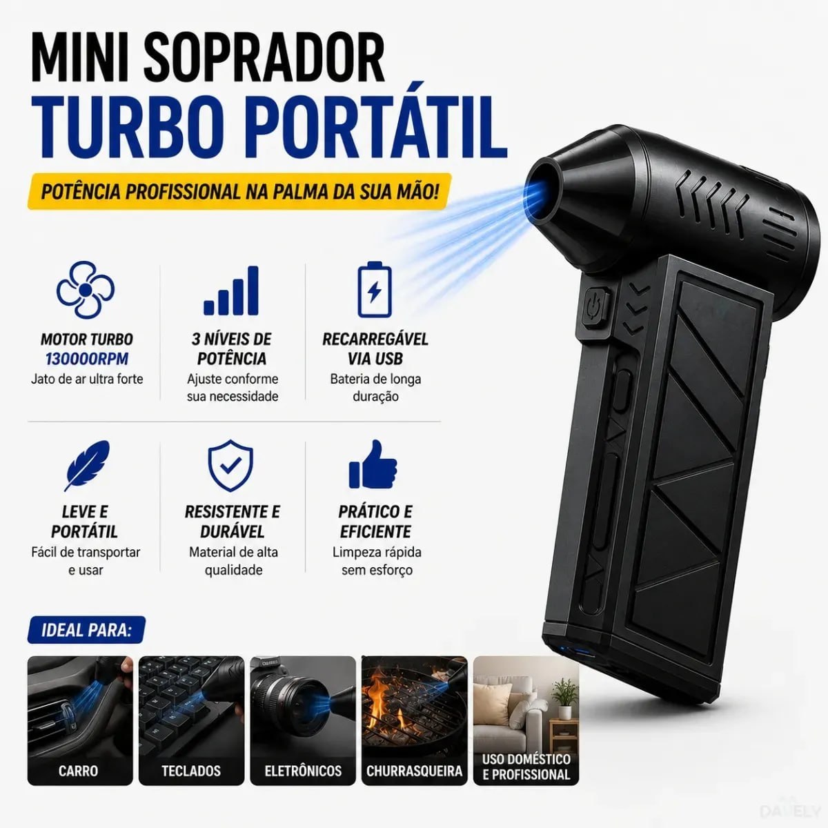 soprador ar turbo 130000rpm sem fio recarregável usb 3 níveis