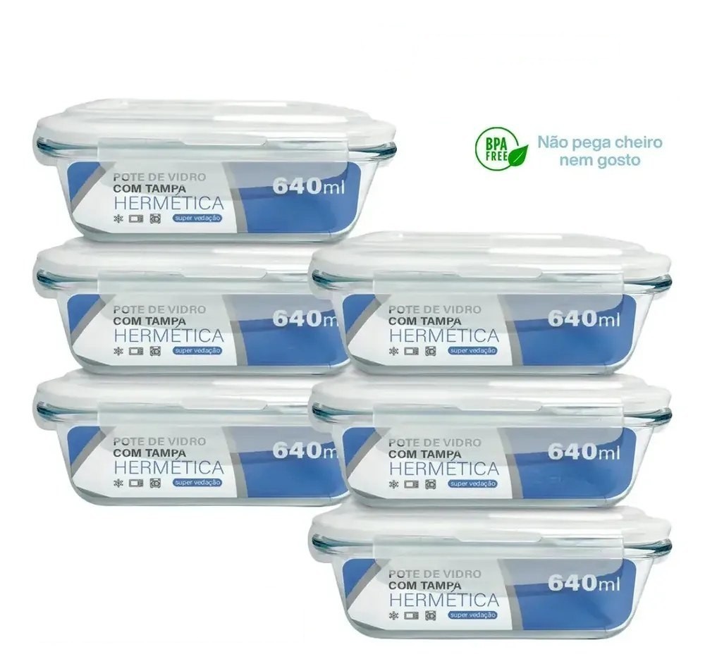 utensílios domésticos potes hermético vidro 640ml marmita fitness kit 6 com 4 travas