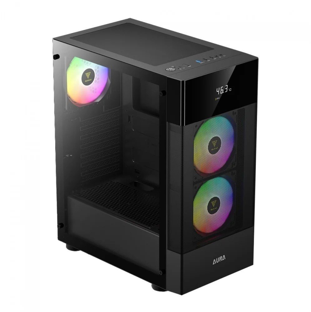 gabinete gamer gamdias aura gc5 elite preto argb 3 fans com tela de monitoramento