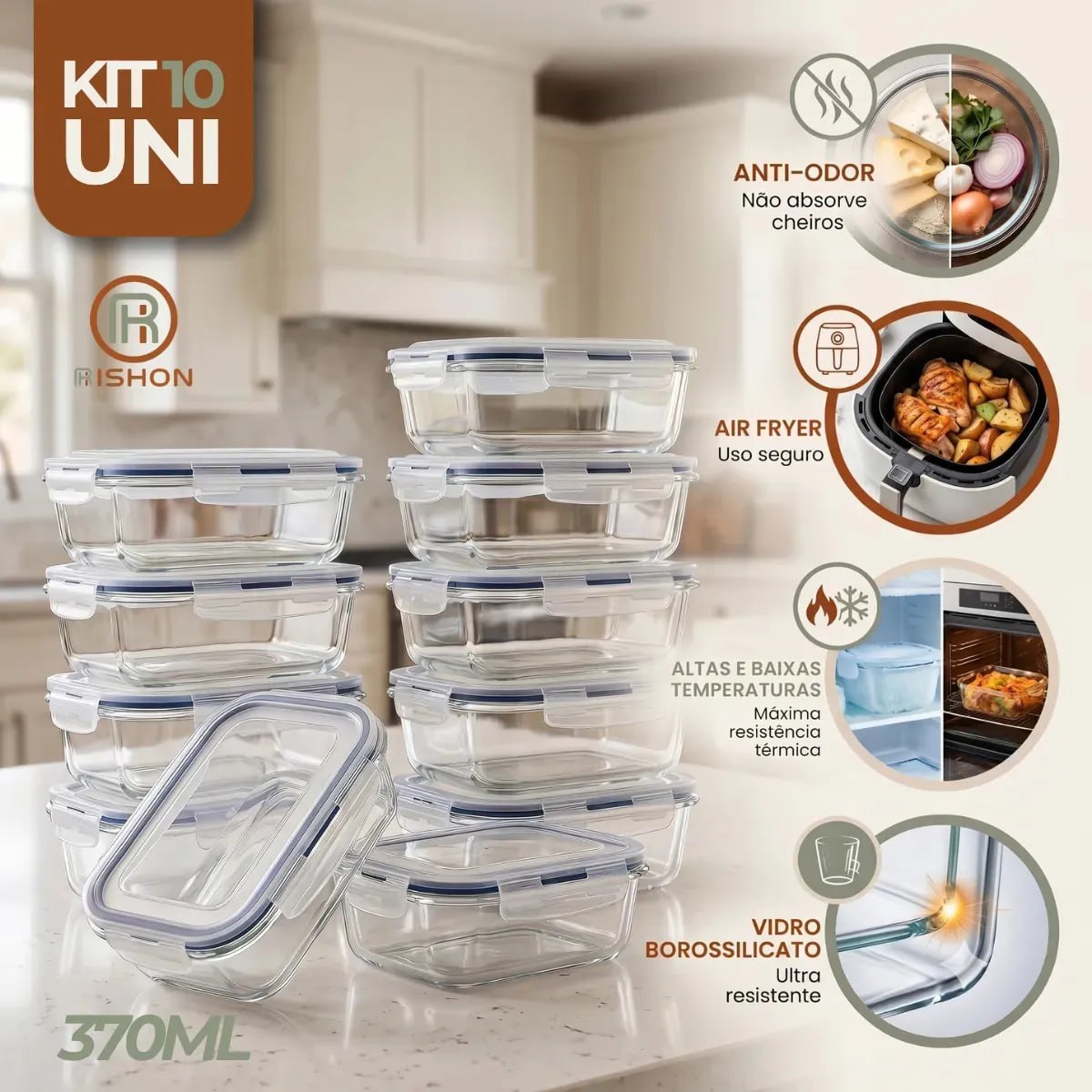 utilidades domésticas rishon pote de vidro marmita hermético 370ml kit 10