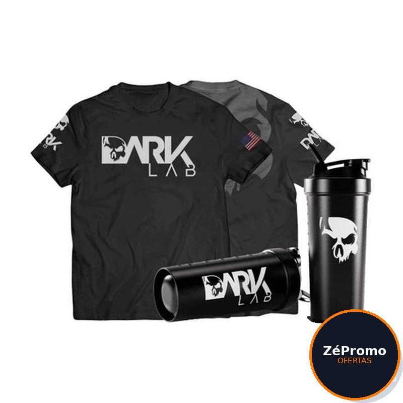 kit esportivo dark lab camiseta caveira dry-fit coqueteleira fuse 700ml preta