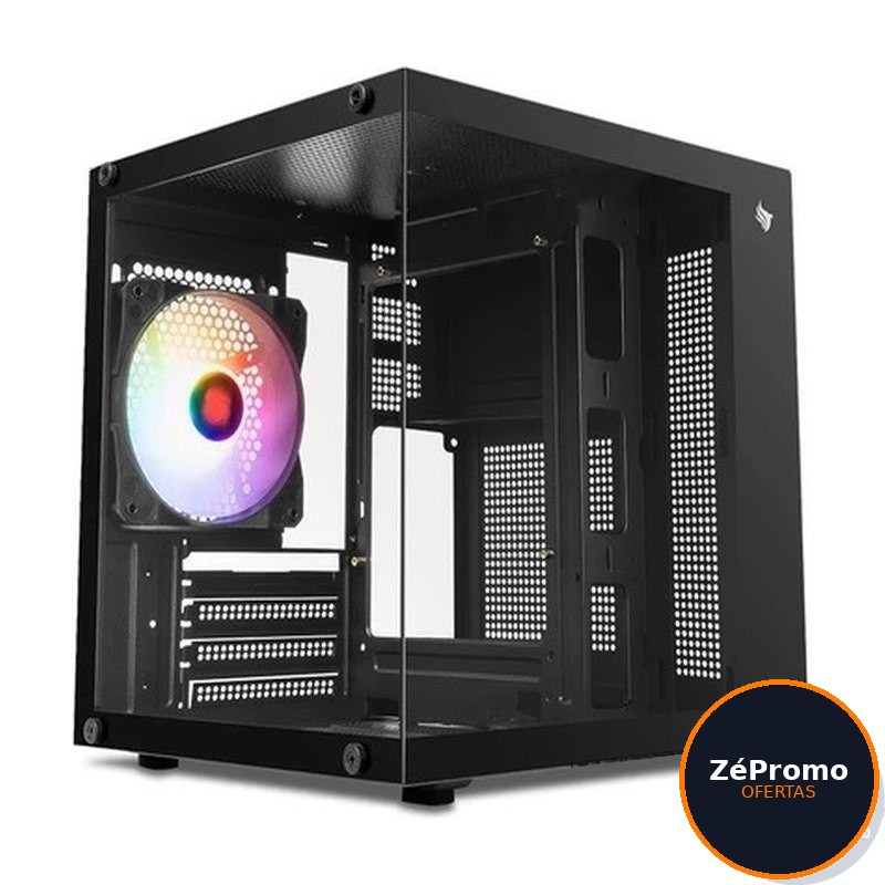 gabinete gamer pichau atom mini-tower lateral de vidro com 1 fan preto