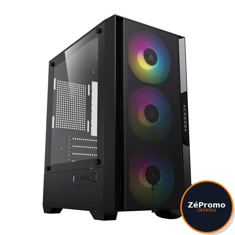gabinete gamer acegeek stratus mesh rainbow mid tower lateral de vidro 3 fans preto