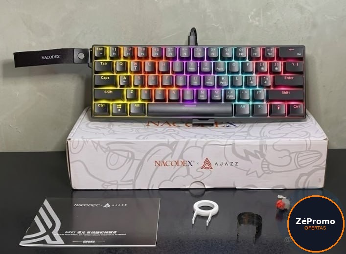 teclado mecânico nacodex nk61 60% switch red linear rgb hot-swappable com fio