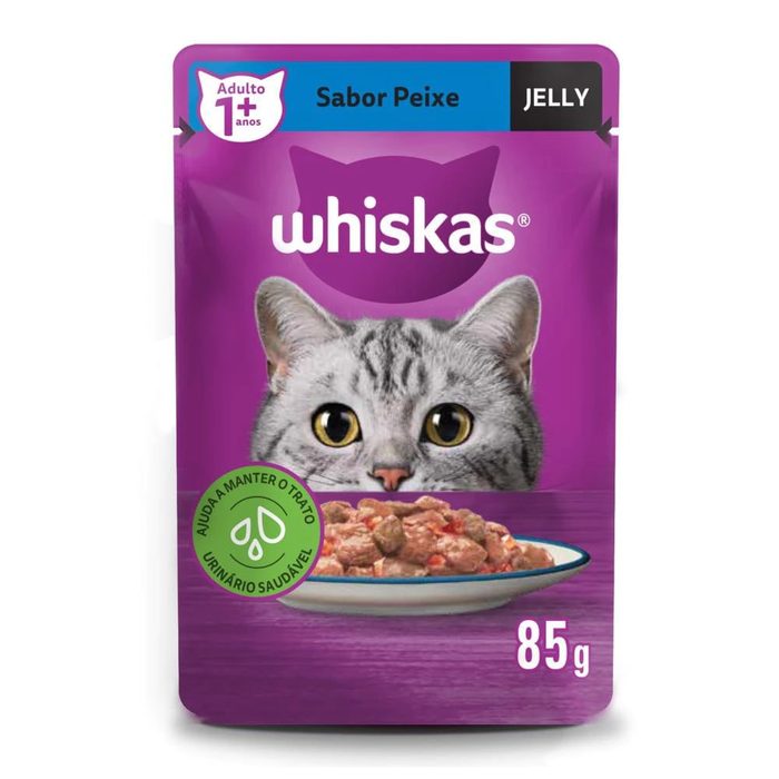 ração úmida para gatos whiskas sachê peixe jelly 85g
