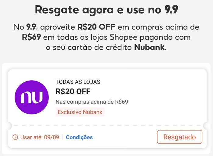 Cupom Shopee 20/69 - Exclusivo Nubank