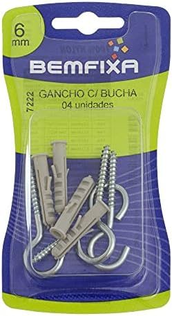 BemFixa 7222 Gancho 3.4 X 60 com Bucha de Naylon 06 mm, Pacote de 4, Prata