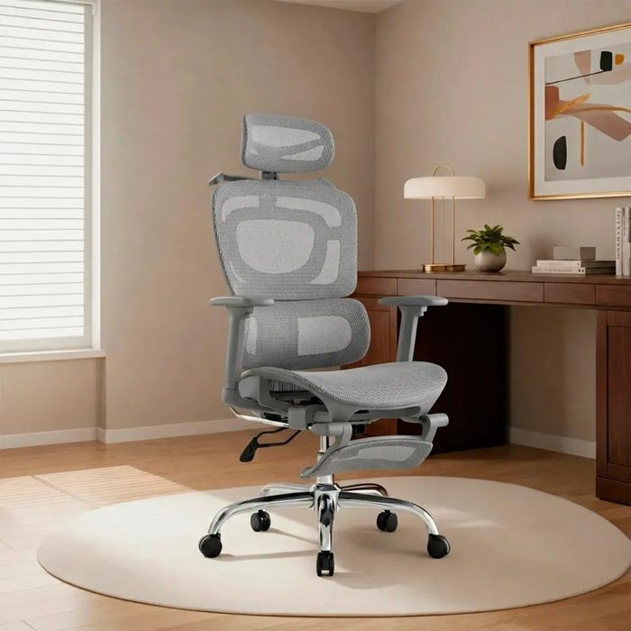 Cadeira De Escritório Ergonômica Giratoria Nr17 Malha Respirável Com Suporte Lombar Adaptável Apoio Para Pés Retrátil Encosto Ajustável Seis
