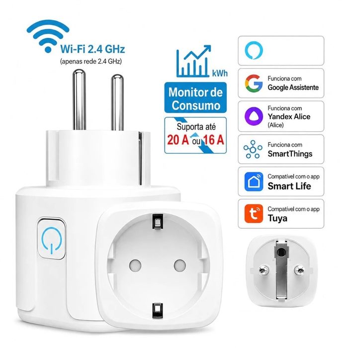Tomada Inteligente WiFi 20A com Medidor de Energia Smart Life Tuya Alexa Google Assistente 2.4GHz