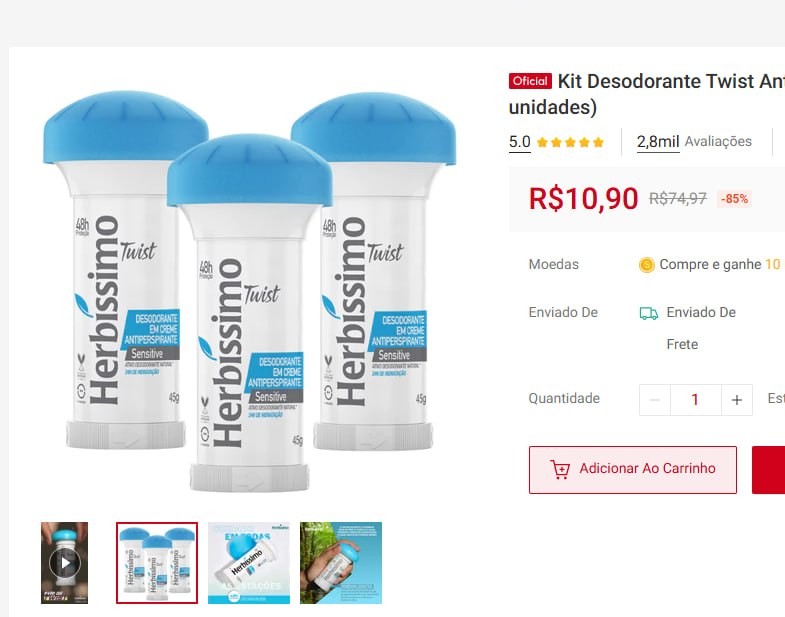 perfumaria herbíssimo twist antitranspirante sensitive 45g 3 unidades