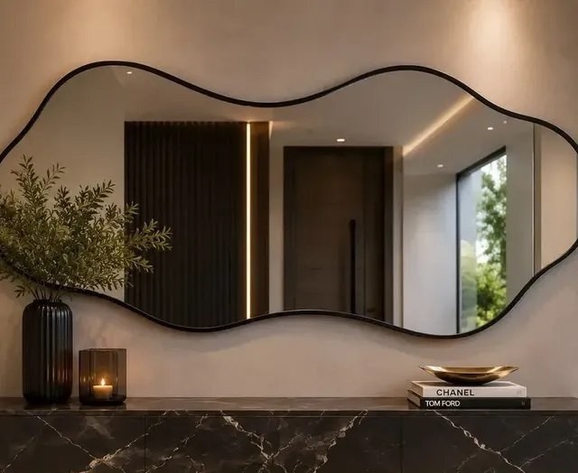 decoração espelho orgânico com moldura lapidado 100x50 preto