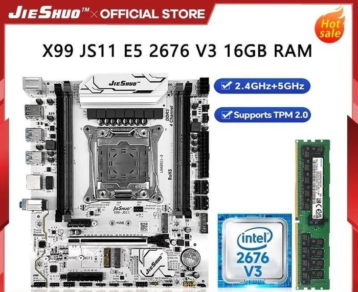 Kit X99 Jieshuo Js11 Argb + Xeon E5 2676 V3 + 16Gb Ddr3, Chipset C612, Quad Channel, Vrm 8 fases, Tpm 2.0 e Secure Boot