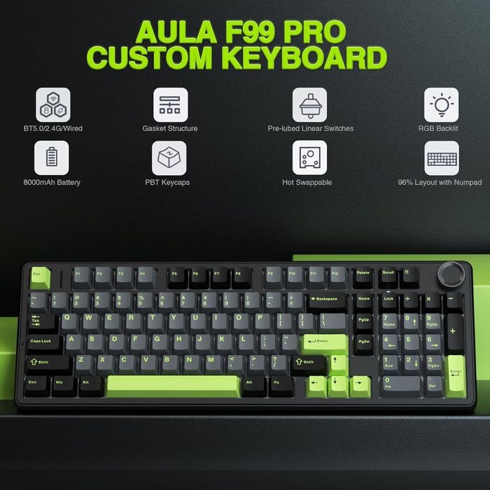 Teclado Mecânico Aula F99 Pro Tri-mode 8000mAh, Hot Swappable + Knob