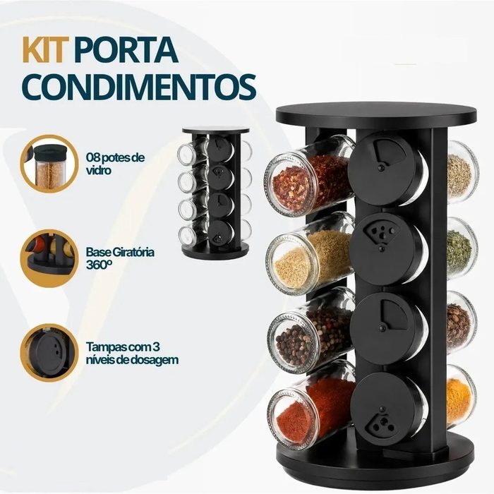 porta condimentos vitrex kit 8 potes vidro preto base giratória