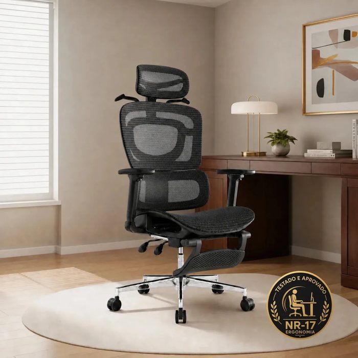 Cadeira De Escritório Ergonômica Giratoria Nr17 Malha Respirável Suporte Lombar Apoio Pés Retrátil Encosto Ajustável 200kg