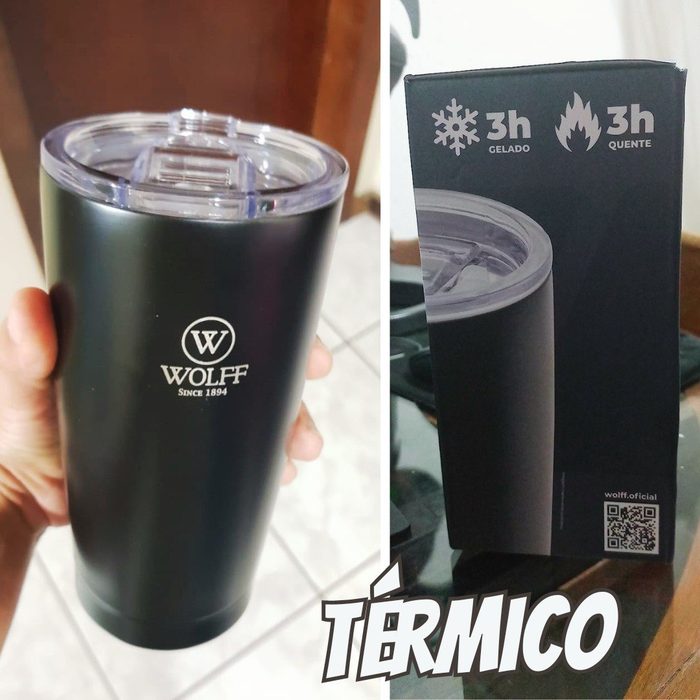 WOLFF - Copo Térmico de Aço Inox Parede Dupla Com Tampa 600ml Preto - Para Viagem - Mantém a Bebida na Temperatura Ideal
