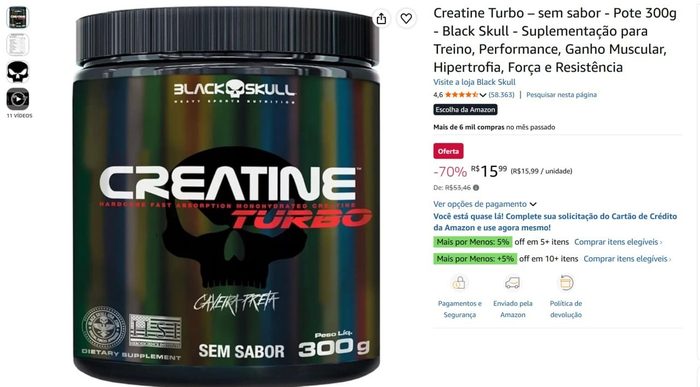 Creatine Turbo – sem sabor - Pote 300g - Black Skull - Suplementação para Treino, Performance, Ganho Muscular, Hipertrofia, Força e Resistên