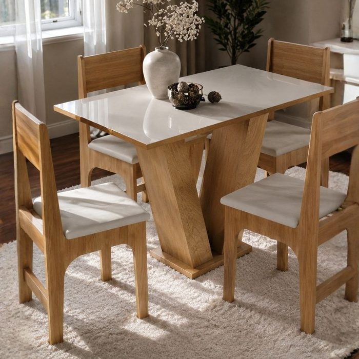 Conjunto Sala de Jantar 4 Lugares com Cadeiras Estofadas Mesa Com Tampo Retangular Semelhante Vidro Base V