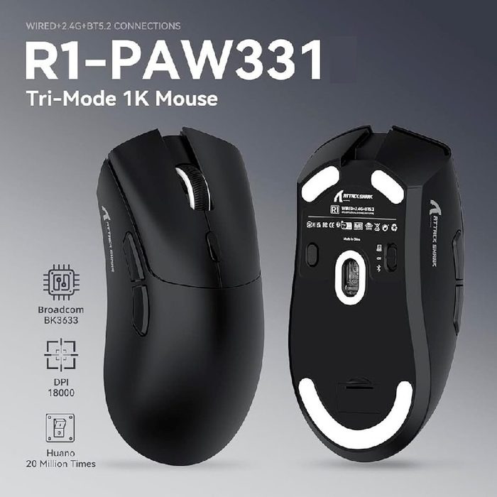 mouse gamer attack shark r1 ultraleve tri-mode 18000 dpi paw3311