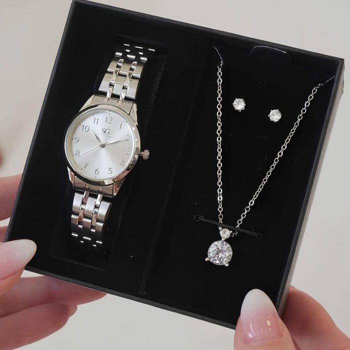 relógio saint germain kit colar brincos prata feminino 28mm