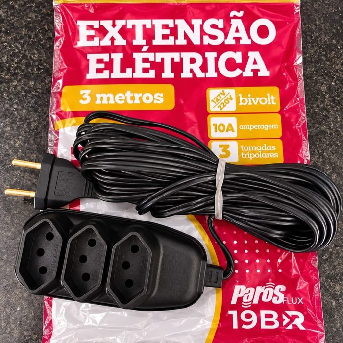 extensão elétrica 3 metros preto 3 tomadas tripolar