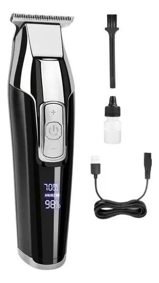 Aparador Maquina Cortar Cabelo Barba E Bigode Pelos Trimmer Digital Potência Ajustável Profissional Lâminas De Aço Preto Sem Fio 3 Pentes