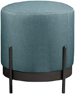 Puff Redondo Ágar em Linho e Base Metal Preto Agarb Decor Cor:Linho Azul