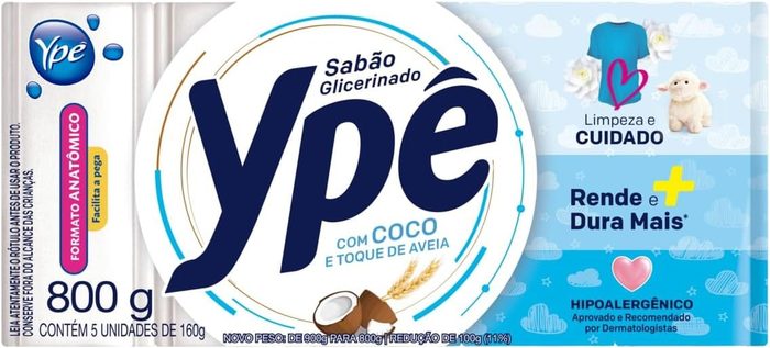 Ypê Sabão em Barra Glicerinado Coco e Toque de Aveia 800g - 5 Unidades de 160g