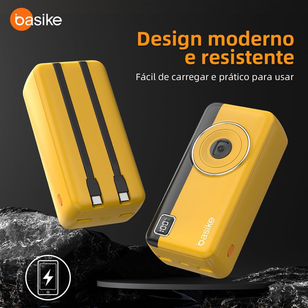 carregador portátil basike power bank 30000mah 2 saídas usb-a e tipo-c 22.5w amarelo