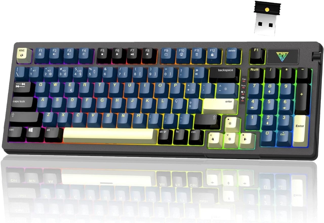 teclado mecânico hivento 2.4ghz usb-c bt5.0 rgb hot-swappable