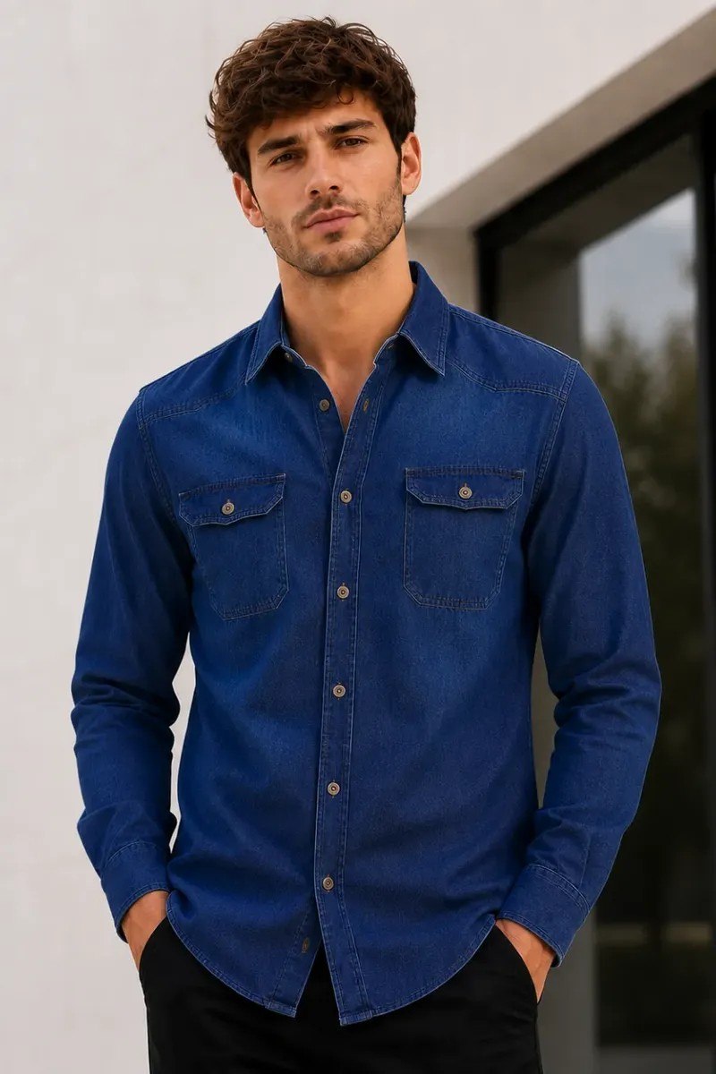 roupas camisa jeans slim manga longa masculina