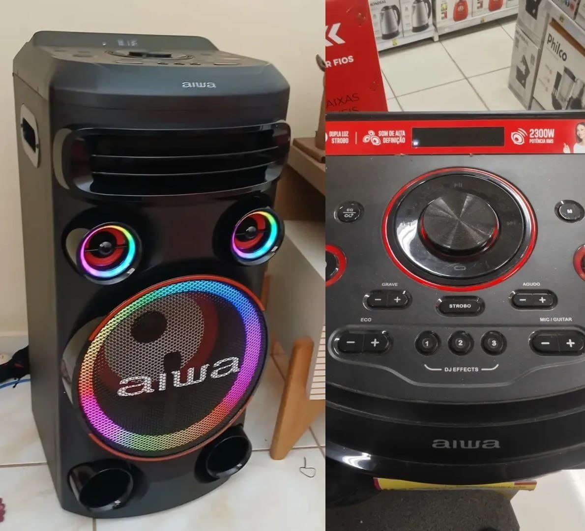 torre de som aiwa t1w-02 1600w 1woofer10 bluetooth rgb usb fm dj preto 127/220v