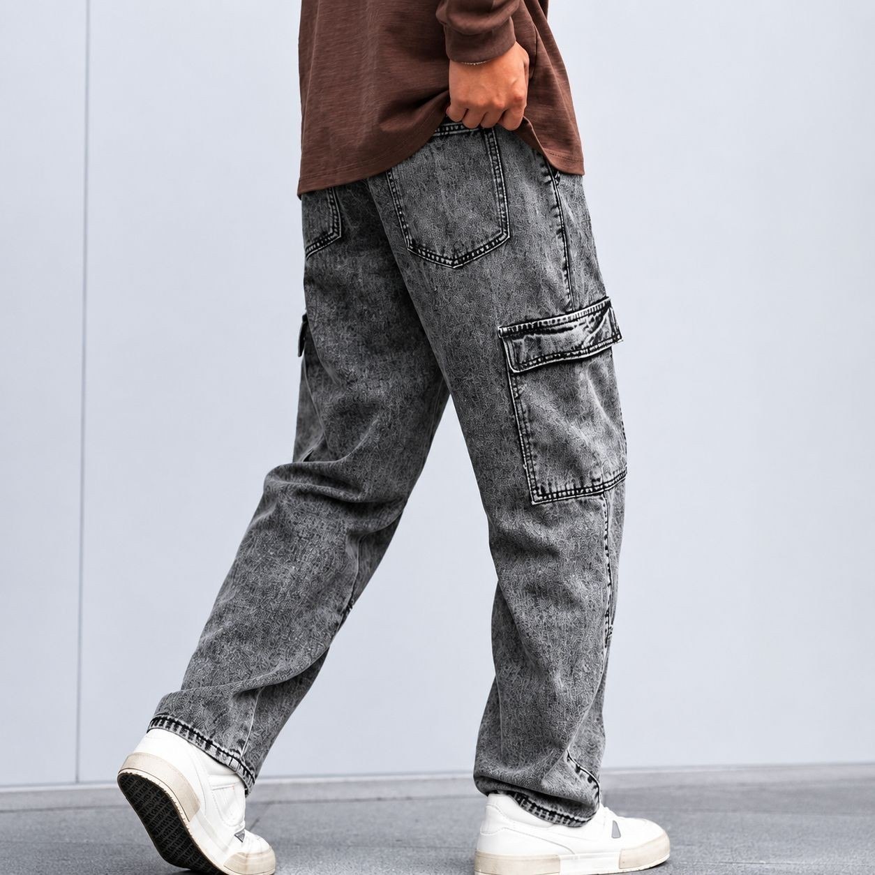 roupas calça jeans cargo baggy masculina streetwear mesclada