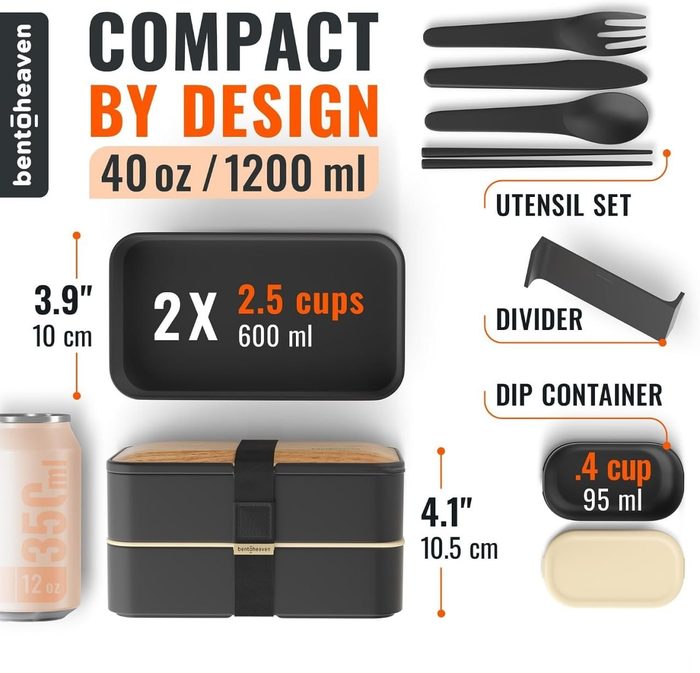 Lancheira japonesa bento Bentoheaven premium para adultos com compartimentos, unissex, conjunto de utensílios, hashis e recipiente de molho,