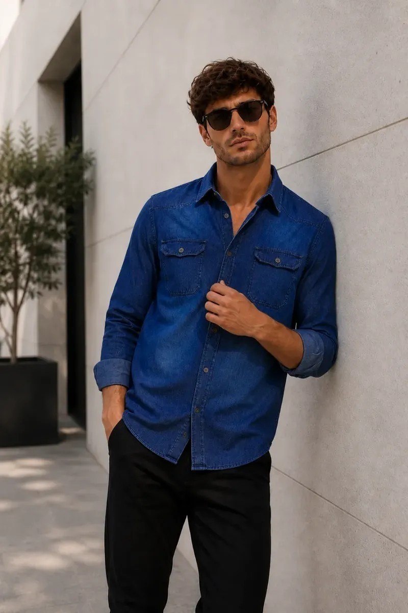 roupas camisa jeans slim manga longa masculina