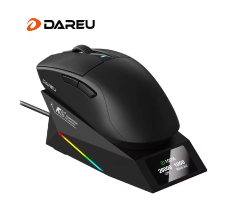 mouse gamer dareu sem fio 3 modos 62g paw3395 26000 dpi base de carregamento