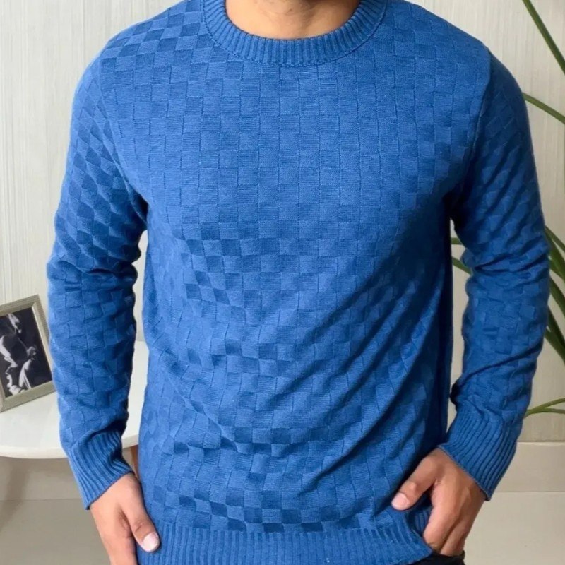 Suéter Masculino Lã Tricot Manga Longa Xadrez Blusa De Frio